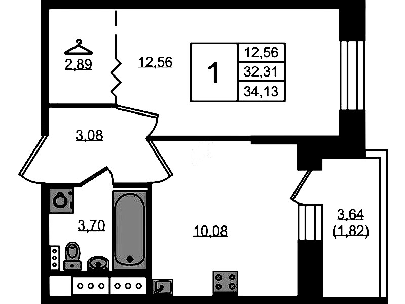 1-комнатная квартира 34.13 м², 3/11 эт., ЖК «Новое Колпино»